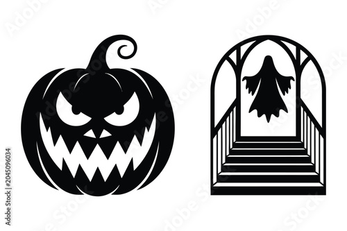Bilde på lerret Halloween decoration silhouette icons featuring a jack-o-lantern and a ghostly s