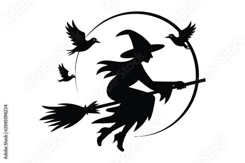 Witch flying on broomstick silhouette with full moon and flock of birds, broomstick
