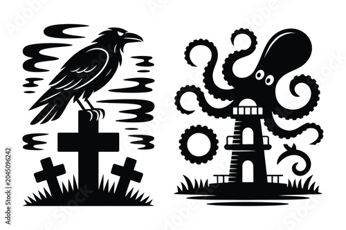 Crow perched on cross tombstone and octopus wrapped around lighthouse silhouette