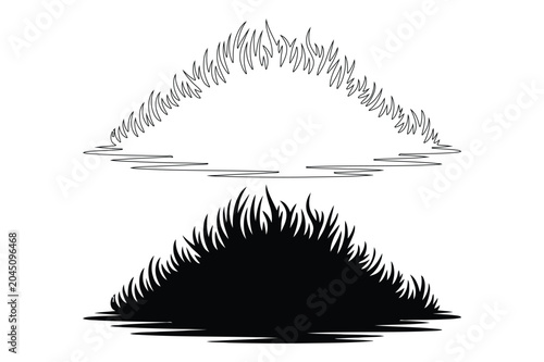 Black and white graphic silhouette of dense grass clumps isolated on white background