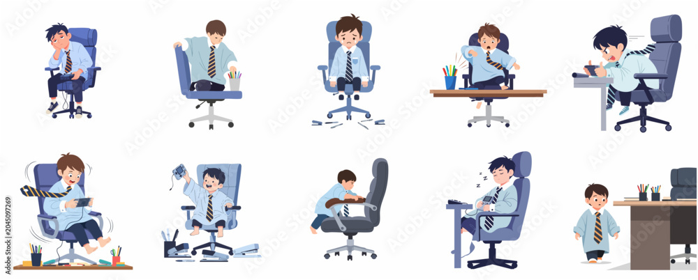 Fototapeta premium Funny illustration set of a young boy in oversized business attire acting like an office worker with various emotions and actions