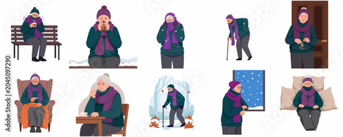Foto Elderly woman character set in winter showing sickness, cold weather, and daily