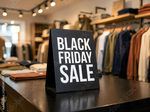 BlackFriday sale signboard prominently displayed in stylish clothing boutique with warm overhead lighting and neutral-toned apparel racks