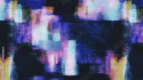 Abstract digital glitch art background with flickering neon purple and blue light effects.