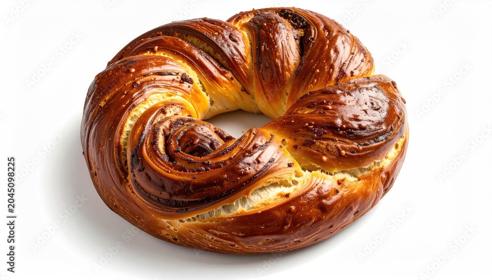 Fototapeta premium A golden-brown twisted ring-shaped sweet bread with a dark filling