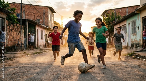 Group of joyful diverse children playing soccer in impoverished urban neighborhood at sunset.