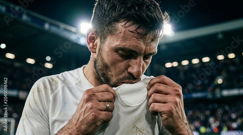 Soccer player looking down and kissing his jersey showing emotion after match.