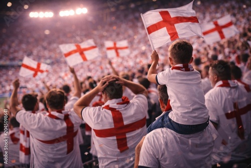 England Fans Waving England Flags In Packed Stadium Crowd, Child On Shoulders Joining England Supporters During Night Match Celebration With Joy. Football Fans. Soccer, Football World Cup Concept.