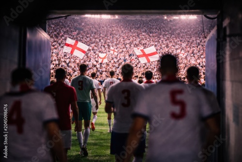 England Players Walking From Tunnel Toward Stadium Pitch, England Fans Waving Flags In Packed Arena As England Team Enters Big Night Match. Football Fans. Soccer, Football World Cup Concept.