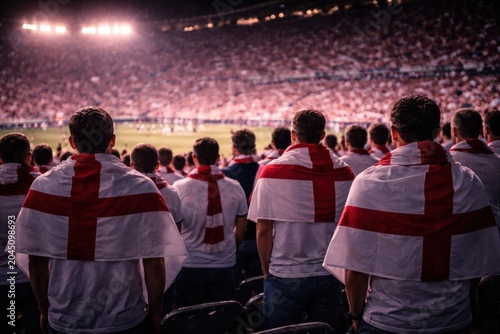 England Fans Wearing England Flags In Stadium Crowd Watching Night Match From Stands, United England Supporters Facing Bright Arena Lights. Football Fans. Soccer, Football World Cup Concept.