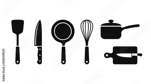 Collection of kitchen utensils and cooking tools in silhouette on white background