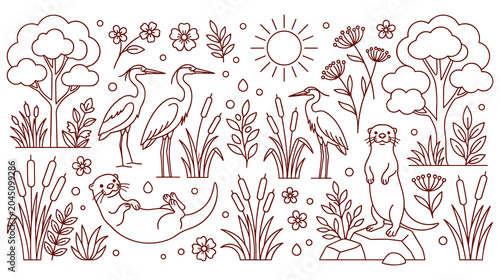 Photography Wild animals and plants in nature park outline.