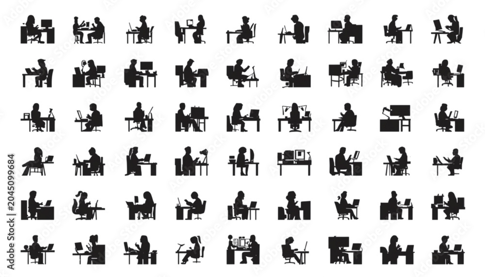 Naklejka premium Workers sitting at desks with computers illustrate a modern office environment in silhouette form.