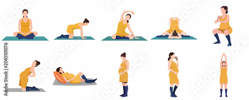 Pregnant Woman Doing Prenatal Yoga and Stretching Exercises Set, Flat Illustration