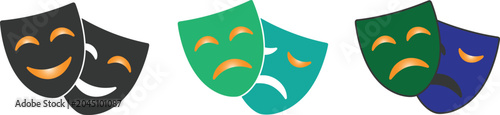 Foto Collection of three sets of theatre masks representing joy and sorrow in various