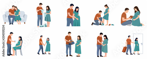 Flat vector illustration of a young pregnant couple sharing daily life moments, maternity care, and preparation for baby arrival set isolated on white.