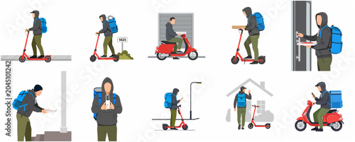 Billede på lærred Set of delivery courier characters using electric scooters and mopeds to deliver