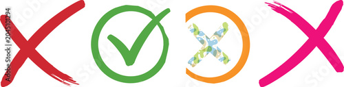 Foto Set of hand drawn checkmarks and crosses with different styles and colors on a w