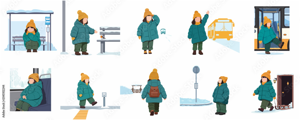 Fototapeta premium Set of flat vector illustrations of a little girl in winter clothing traveling, waiting for the bus, and commuting in snowy weather