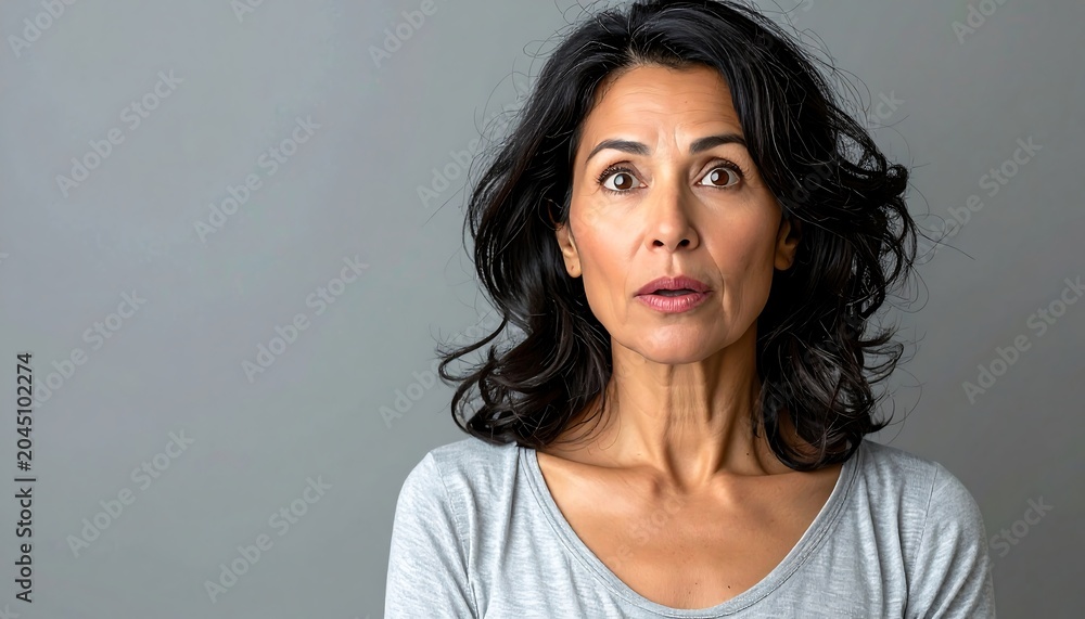 Fototapeta premium Woman With Dark Hair Looks Surprised Against a Gray Background in a Casual Setting During Daylight Hours