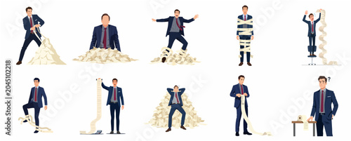 Schilderij op canvas Set of businessman characters overwhelmed by massive piles of paperwork and long receipts, representing financial stress, debt, burnout, and corporate bureaucracy