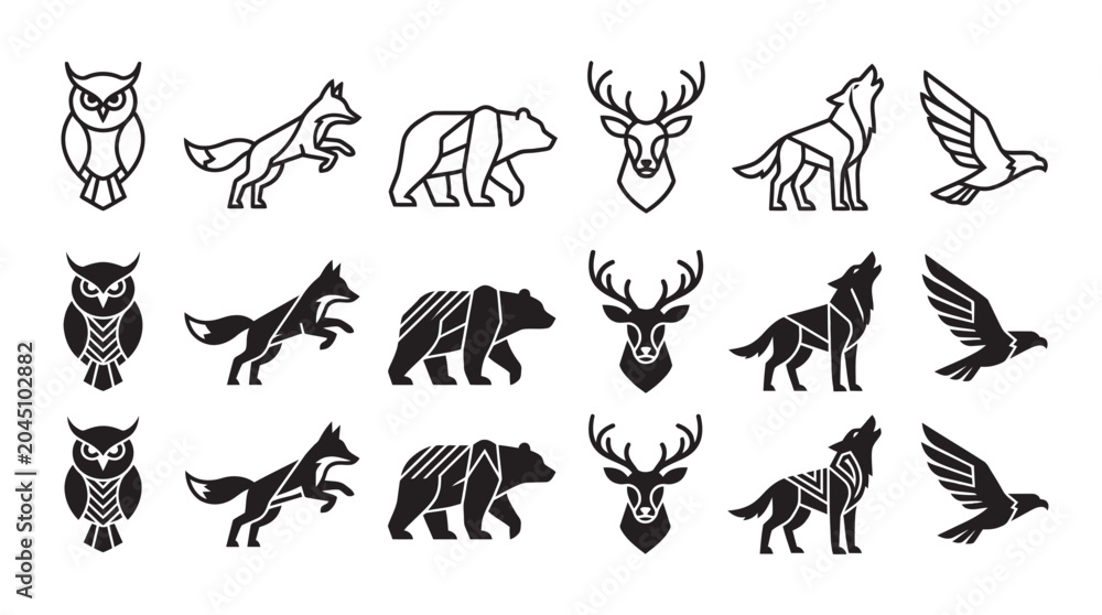 Obraz premium Minimalist wildlife geometric icon set featuring owl fox bear deer wolf and eagle silhouettes wildlife geometric