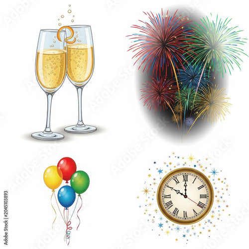 New year's eve celebration with champagne and fireworks