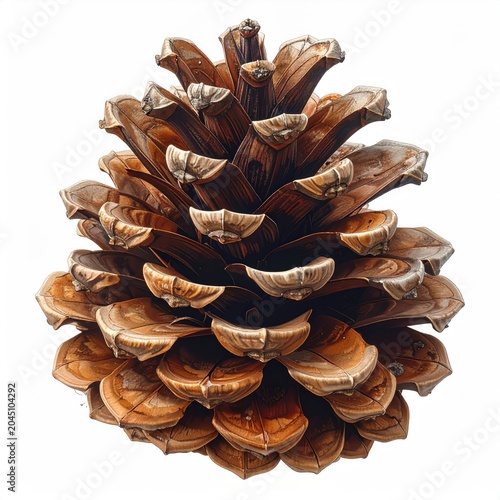 A detailed, close-up view of a solitary, open pinecone against a stark white background