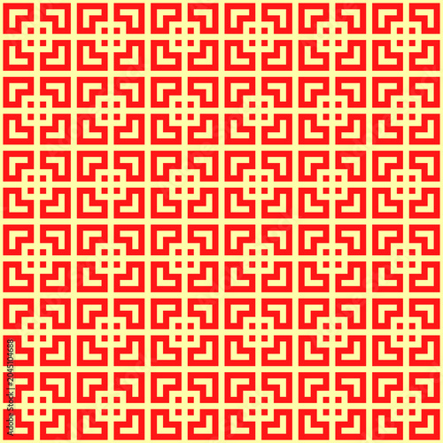 Seamless Chinese window tracery pattern. Repeated stylized red squares on yellow background. Symmetric geometric abstract wallpaper. Trellis motif. Digital paper, textile print. Vector illustration
