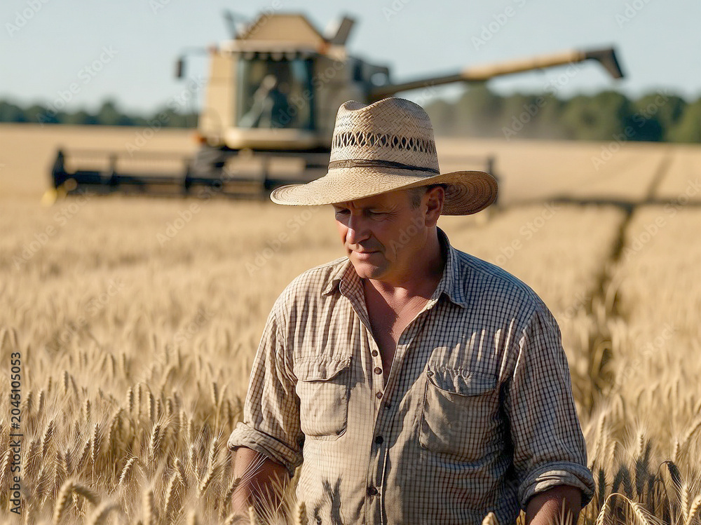 Fototapeta premium A farmer operating a combine harvester in a wheat field next to a combine harvester