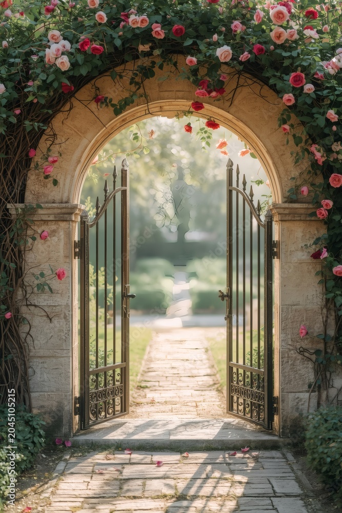 Obraz premium An ancient stone archway forms the medieval entrance to the castle and garden wall