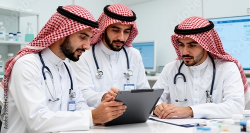 Saudi arab doctors working with a tablet.
