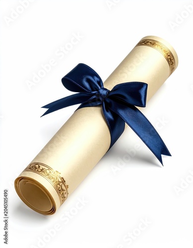 Rolled certificate with decorative gold trim and a dark blue satin ribbon