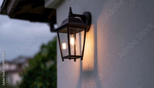 A classic outdoor wall lantern with a glowing bulb illuminates a textured white wall