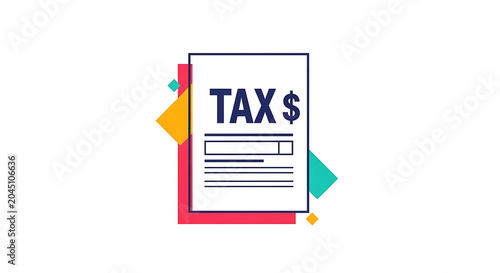 Red and yellow tax form with calculator and dollar sign on white background