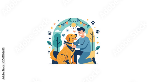 Canvastavla Happy Man Hugging Golden Retriever Dog Illustration