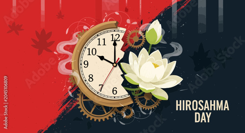 Tableau sur toile Hiroshima Day Memorial Illustration with Clock and Lotus Flower