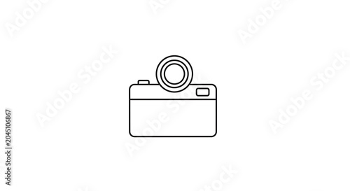 Simple black and white line of a vintage camera with a circular lens