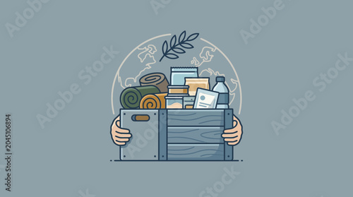 Tableau sur toile Humanitarian Aid Box with Relief Supplies and World Map Background