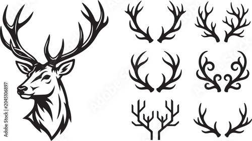 Black deer head mascot set featuring a detailed stag portrait and six unique pairs of creative antler designs vector on white background