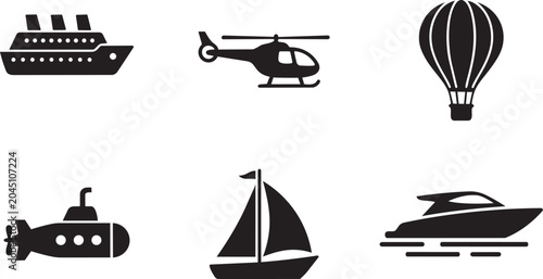 Diverse Vector Solid Transport Icon Set - Ship, Helicopter, Hot Air Balloon, Submarine, Sailboat, and Motor Yacht