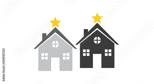 Two houses with solar panels and sun symbols roof