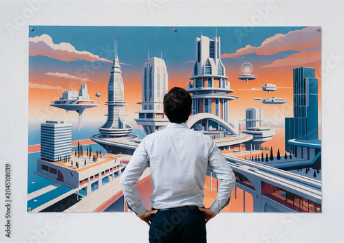 An engineer standing back and looking at a graphic illustration of his project.