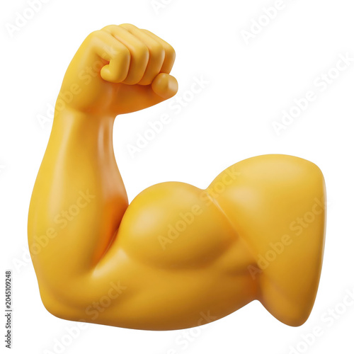 3D strong yellow flexed bicep arm muscle icon. Isolated on transparent background, png