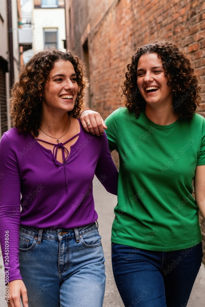 Fototapeta premium Two smiling young women with curly hair walk arm in arm down a city alleyway between brick buildings. Friends share a happy moment while exploring urban streets together outdoors during daytime.