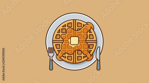 Tablou pe pânză Illustration of a Delicious Waffle with Butter and Syrup