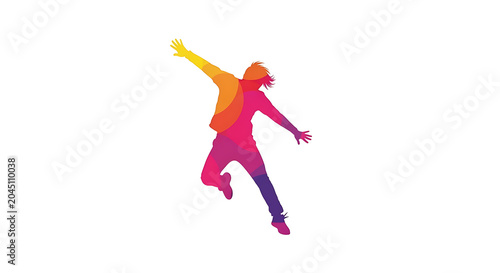 Vibrant, stylized, running woman silhouette with flowing hair and scarf colorful