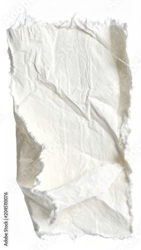 Crumpled white fabric with torn, ragged edges on a white background