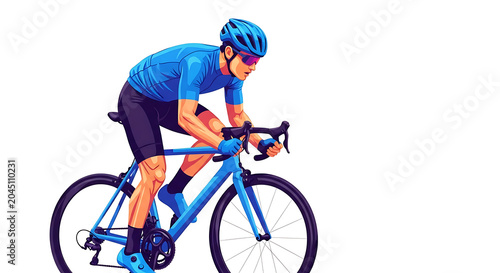 Woman in blue jacket and helmet riding a blue bicycle on a white background