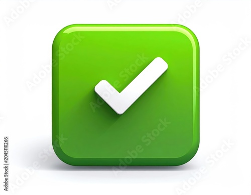 A shiny green checkmark on a rounded square button with a subtle shadow
